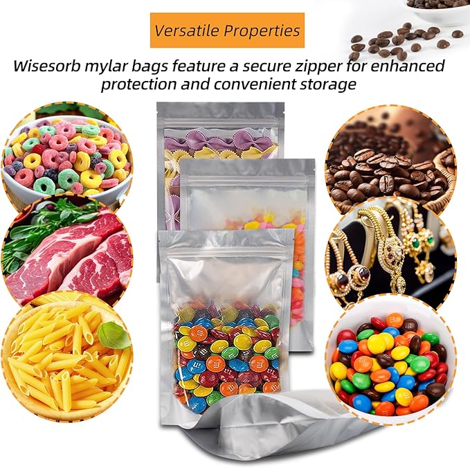 Wisesorb 1 Quart 120 Packs Mylar Bags For Food Storage, 7"x 10" Mylar Bags With Window, Freeze Dried Candy Bags, Reusable Storage Bags For Food, Mylar Food Storage Bags for Long Term Food Storage