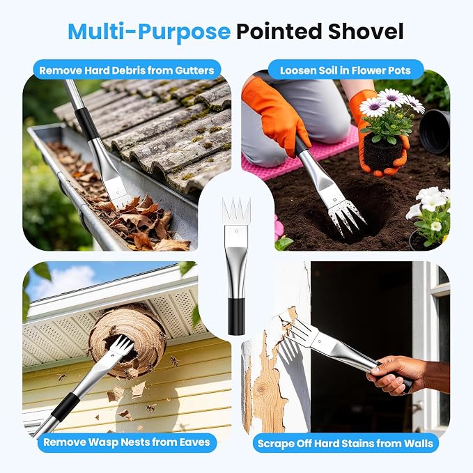 12 FT Gutter Cleaning Tools from Ground, with Shovel & Brush for Outdoor | Includes a 180° Adjustable Turning Head, Anti-slip Keel Belt, No Ladder Needed, Multi-purpose, Made of Stainless Steel.