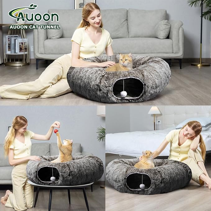 AUOON Plush Cat Tunnel Bed for Indoor Cats, 36" L x 36" W x 11.5" H, Brown | 2 in-1 Interactive Cat Toy, with Hanging Ball Toy, Machine Washable Center Pad, for Kitten Puppy Rabbit Ferret