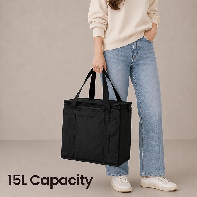 Insulated Food Bag, Portable Cooler Tote (Medium, Black, 1 Pack) | Thermal bag, For cold and hot food, Soft sided cooler, Heavy duty 3-layered tote, Grocery shopping, Beach or travel bag
