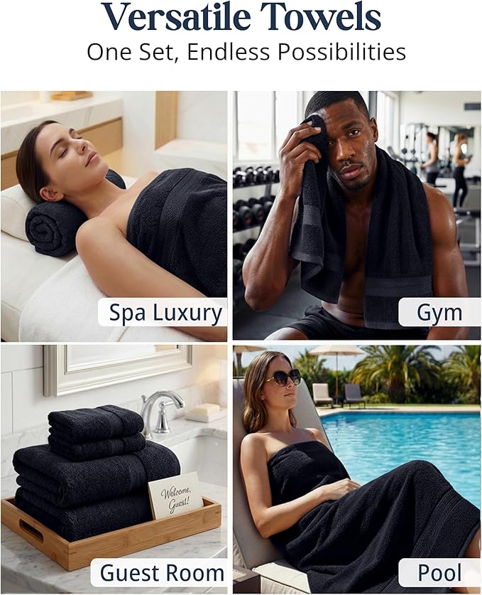 LANE LINEN Bath Towel Set Quick Dry 100% Cotton 24 Piece Soft - Black | Cotton Bath Towels - Classic Terry Weave, Densely Woven & Durable, Easy-Care, Coordinated Colors