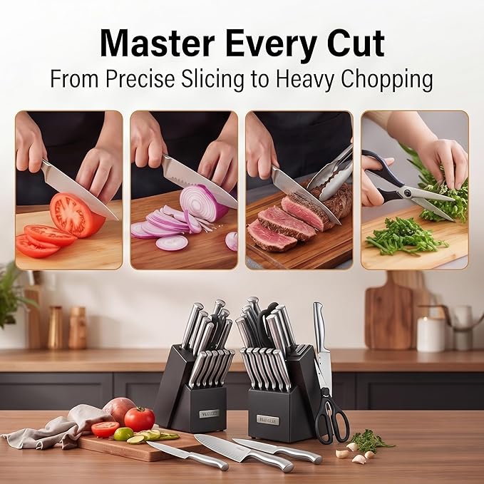 McCook Knife Set Sharp Kitchen Knife Block Set w Built-in Sharpener | German Forged Stainless Steel,15 PC,Razor Sharp,Anti-Rust,Restaurant Grade,Ergonomic Handle,Full Tang,Gift Box