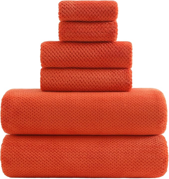 YTYC 29x59 Bath Towels Set,Towels for Bathroom,Burnt Orange,6-Pieces | 2 Large Bath towels,2 Hand towels (14x29"),2 Washcloth (13x13"),Super Soft,Highly absorbent,Hanging Loop,80%Polyester