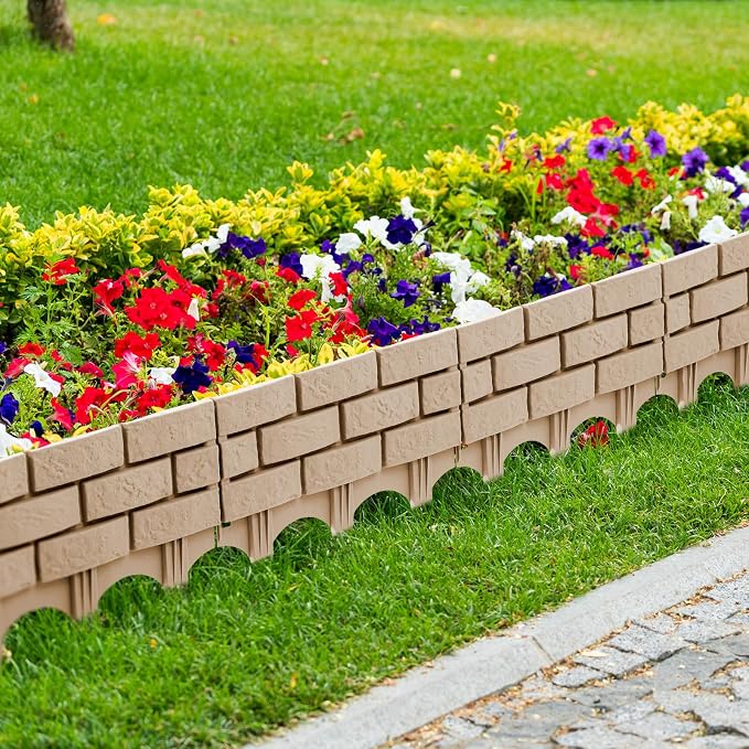 16 Pcs Imitation Stone Garden Fence, Faux Stone Retaining Wall Look Garden Bricks Border with Ground Stakes, 17.3 x 12.6 in Gray Plastic Edging Blocks for Flower Beds, Lawn, Mulch (Yellow)