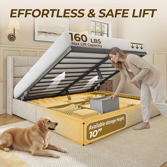 HISOFT Queen Size Lift Up Storage Bed Frame, Linen Upholstered Platform Bed with Wingback Headboard, Heavy Duty Hydraulic Gas Lift Underbed Space, Reinforced Full Metal Slats, Noise Free, Beige