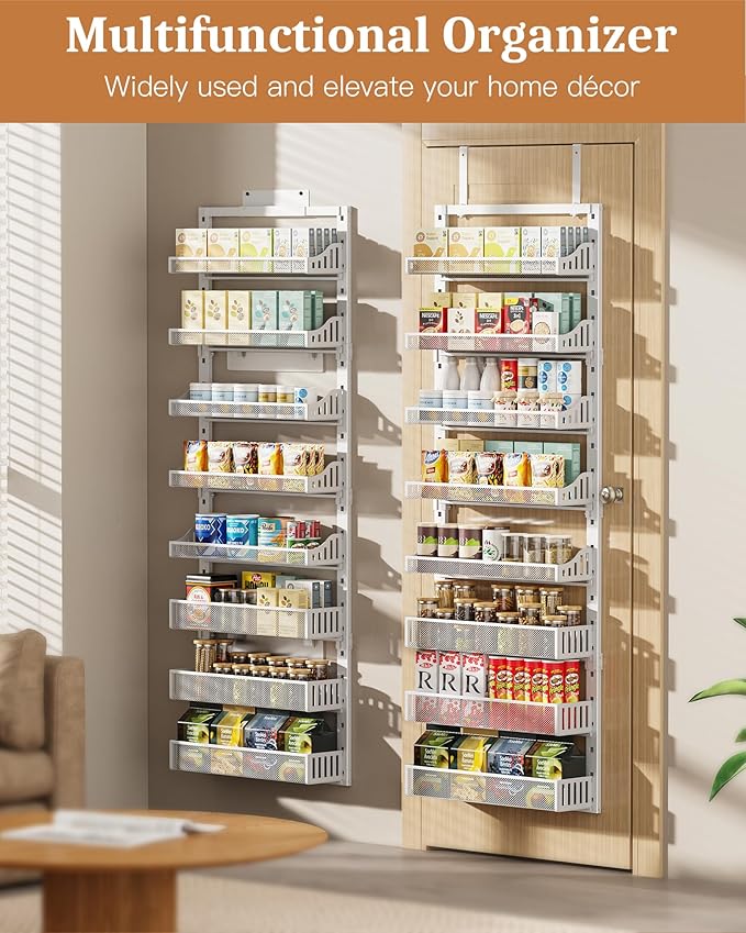 POKIPO Over the Door Pantry Organizer 8-Tier, Large Metal Door Spice Rack with Adjustable Basket, 2 in 1 Wall Mount or Hanging Heavy-Duty Pantry Door Storage Shelf for Kitchen and Bathroom, White