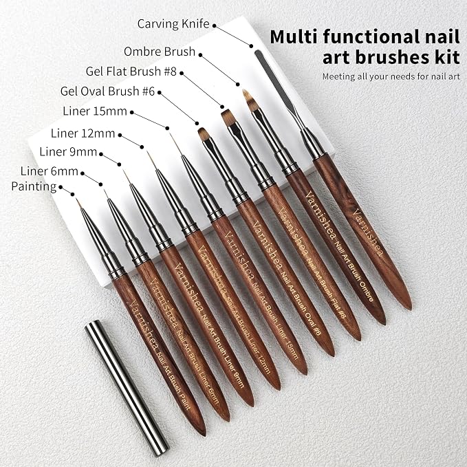 9Pcs Nail Art Brushes Sandalwood Handle Professional Gel Polish Art Nail 3D Art Nail Dotting Brush Pen for Manicure DIY Home SalonNails Detail Paint Brushes Miniature Paint Brushes Fine Detailing Set