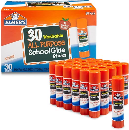 Elmer's All Purpose School Glue Sticks, Acid-Free and Washable, Clear, 7 Grams,Craft Projects, Poster, Classroom Supplies, #1 Teacher Brand, 30 Count (Pack of 12)