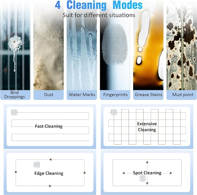 Window Cleaner Robot with 4 Cleaning Modes, 8000Pa Suction Dual Direction Auto-Spray Window Cleaner, Intelligent Path, Edge Detection, Remote Control, 15-Stage Anti-Fall System for Windows