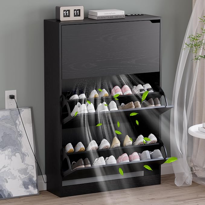 BORNOON Shoe Cabinet with Odor Control and Back Panels, Deodorizing Slim 3-Flip Shoe Storage Cabinet for Entryway, Freestanding Hidden Shoe Rack Organizer for Entrance, Hallway, Bedroom