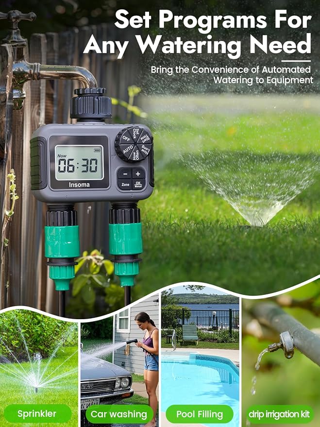 Insoma 2-Zone Sprinkler Timer, Programmable Garden Hose Timer with Auto/Manual/Rain Delay Modes | Water-Saving Irrigation Controller for Lawn, Yard & Drip Systems | Waterproof Design & Easy Setup