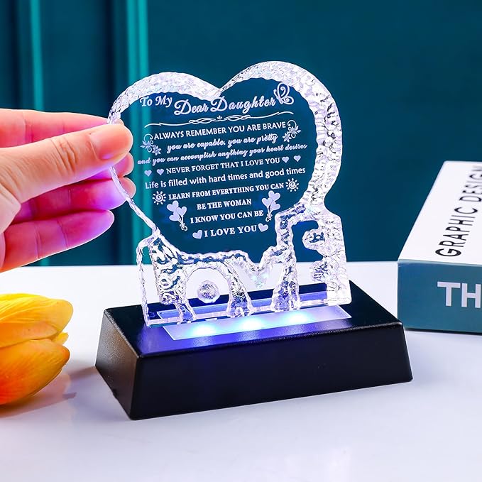 YWHL Daughter Gifts from Mom Dad with Colorful Light Base Birthday Gifts for Daughter Adult Crystal Heart Keepsake Meaningful Present for Daughters on Christmas Valentines Graduation