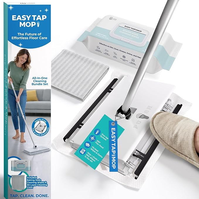 Hands-Free Flat Floor Mop & Sweeper - Foot-Tap Lock System Compatible with Most Pads - 360 Swivel & Adjustable Aluminum Handle - Includes Baking Soda Wet Wipes & 3D Microfiber Cloth