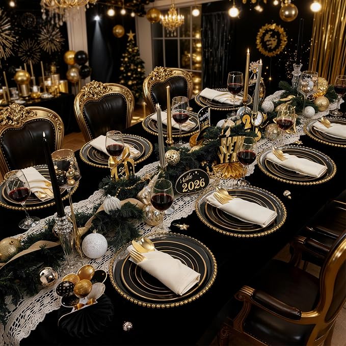 350 Pieces Black and Gold Plastic Plates with Disposable Silverware, Include 50 Dinner Plates 9”, 50 Dessert Plates 6.3”, 50 Black Cups 9 OZ, 50 Pre Rolled Napkins for New Year (Pack of 2)