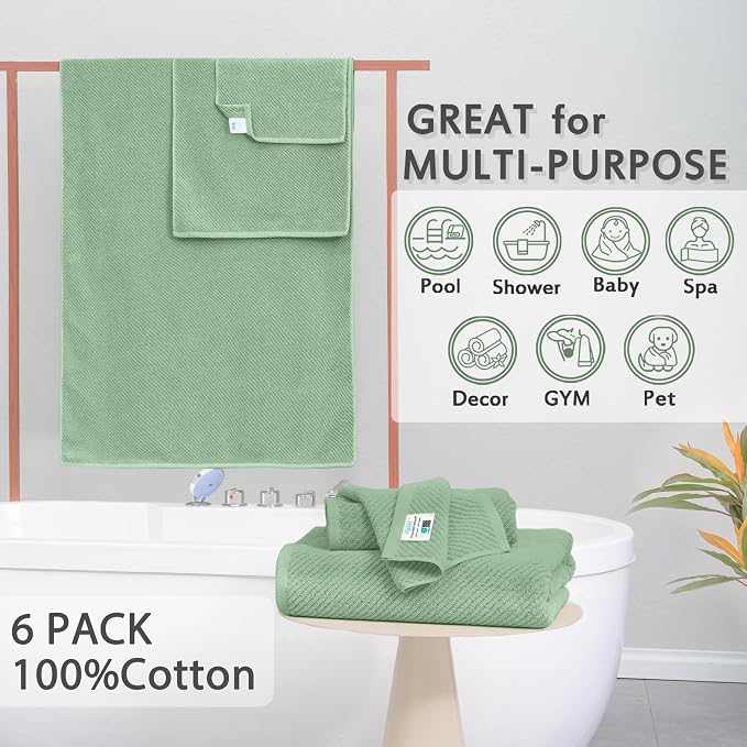VOOVA & MOVAS 6PC Towel Set, 100% Cotton, Mint | 2 Large Bath 30x56 In, 2 Hand 18x28 In, 2 Wash Cloths 13x13 In, Quick Dry, Thick, Soft, Towel Gift Set