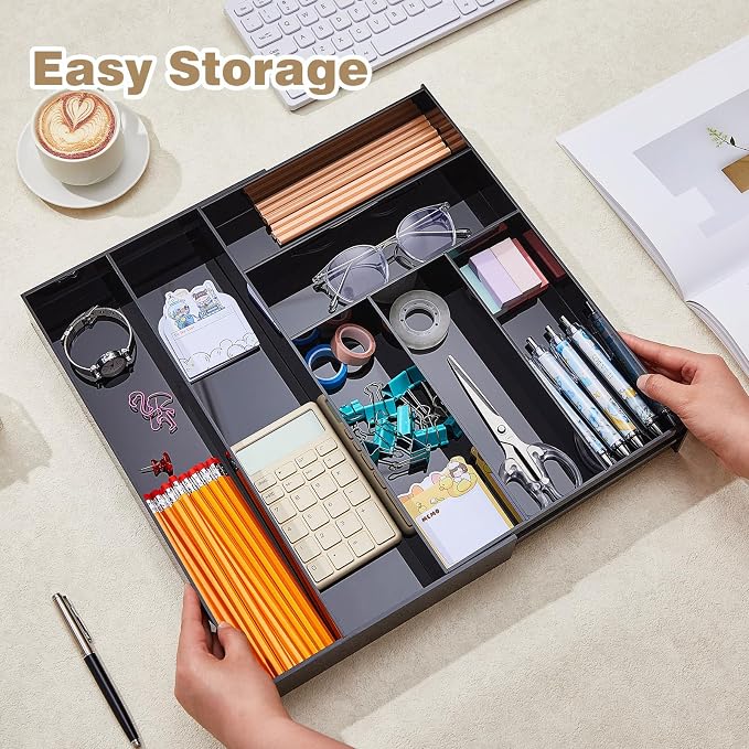 Briwooody 1 Pcs Acrylic Desk Drawer Organizer 9'' up to 18'' x 15'' x 2.1'' Expandable Drawer Organizer Trays with 7 Adjustable Compartments Black Desk Accessories for Makeup Office Bathroom
