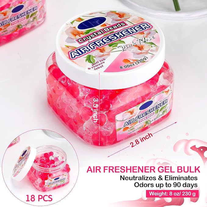 18 Pack Gel Odor Eliminator Beads 8 Ounce Scent Beads Bulk Air Freshener Removing Long Lasting Eliminates Odors for Home, Bathrooms, Cars, Boats, Rvs and Pet Areas(Rose)