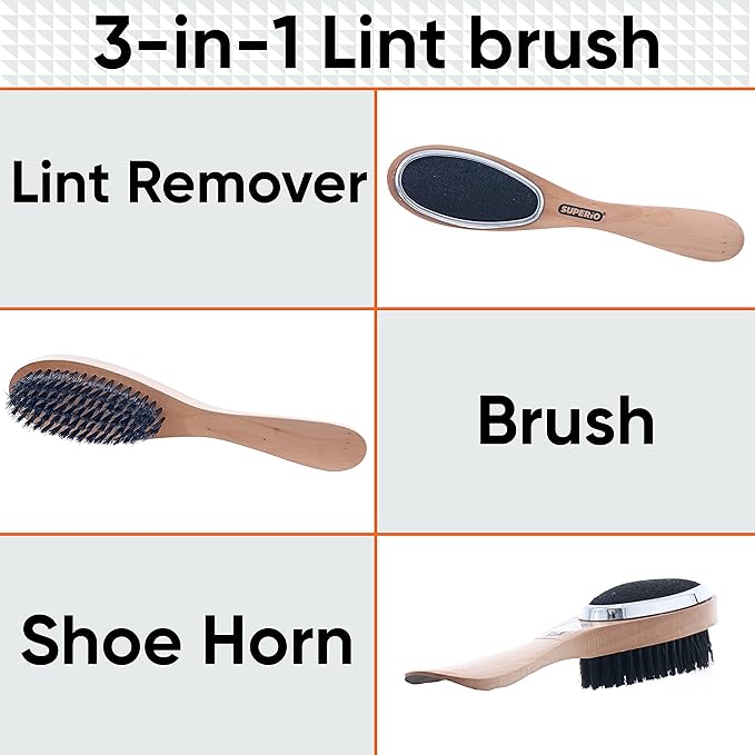 Superio Lint Brush for Clothes, 2-Pack, 3 in 1 Garment Brush - Double Sided Wood Handle, Clothes Brush, Lint Brush for Suit, Wool Coat, Removes Pet Lint and Dust and Shoe Horn