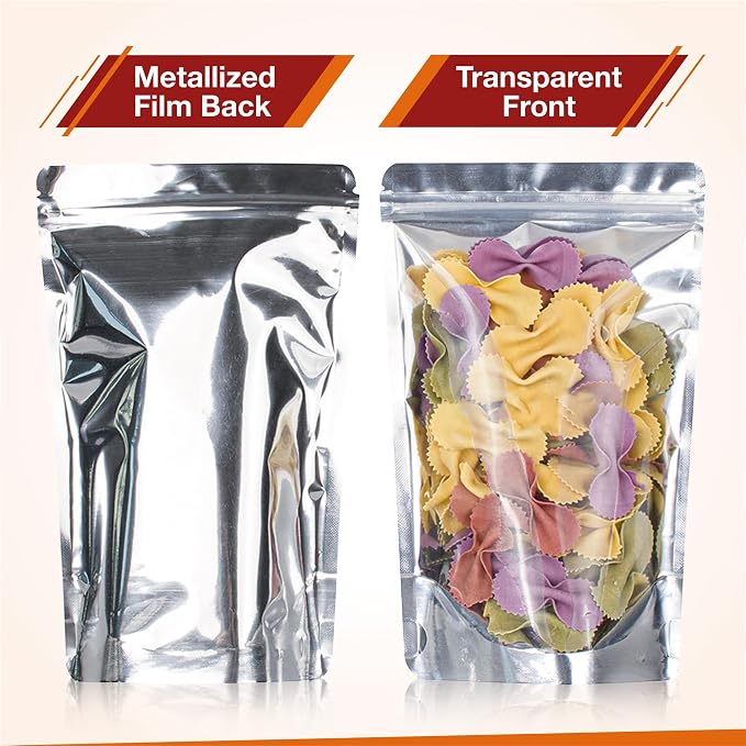 BELLE KR® 5x8 Mylar Bags with Window Stand Up - Pack Of 100, 7.5mil Thick - Clear Front Pint Mylar Bags for Food Storage and Freeze Dried Candy - Bonus Labels Included