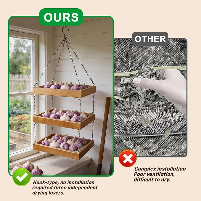 15.7"x11.8" 3-Tier Hanging Herb Drying Rack, Wooden Floral Drying Screen | Vertical Storage Dryer. Ideal For Kitchen, Balcony & Grow Tent, Dried Herbs & Blooms, Practical Gift For Home Gardeners