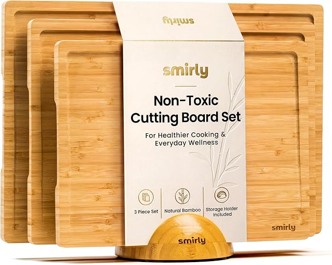 SMIRLY Cutting Boards for Kitchen, 3 Piece Bamboo Cutting Board with Stand | Non Toxic Wooden Cutting Board with Juice Grooves and Handles, Multiple Sizes Chopping Boards for Meat Vegetable Charcuterie