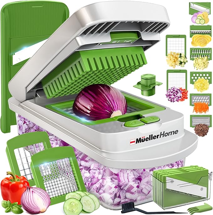 MUELLER HOME Pro-Series 10-in-1, 8 Blade Vegetable Chopper, Onion Mincer, Cutter, Dicer, Egg Slicer with Container, French Fry Cutter Potato Slicer, Home Essentials, Salad Chopper White Sand/Green