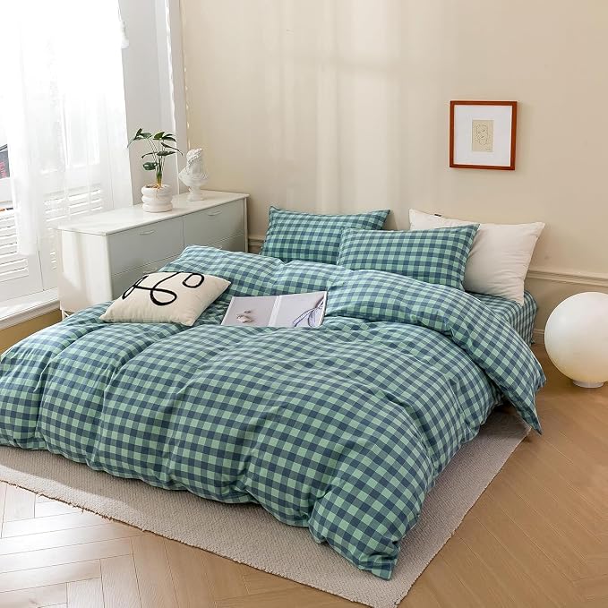 mixinni Green Gingham Grid Duvet Cover King, 100% Washed Cotton Modern Geometric Bedding Set with 2 Pillowcases, Farmhouse Style Blue Plaid Comforter Cover Set for Men & Women, Soft & Lightweight