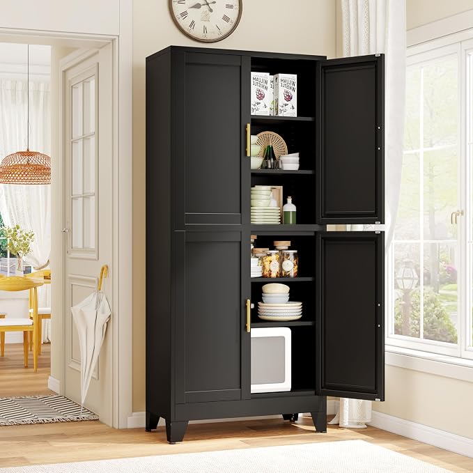 GAIOUS 75.2" Tall Metal Pantry Cabinet, Black Storage Cabinets with 4 Door | and 4 Adjustable Shelves, Kitchen Pantry Storage Cabinet, Freestanding Cupboard for Kitchen Dining Room Living Room Bathroom