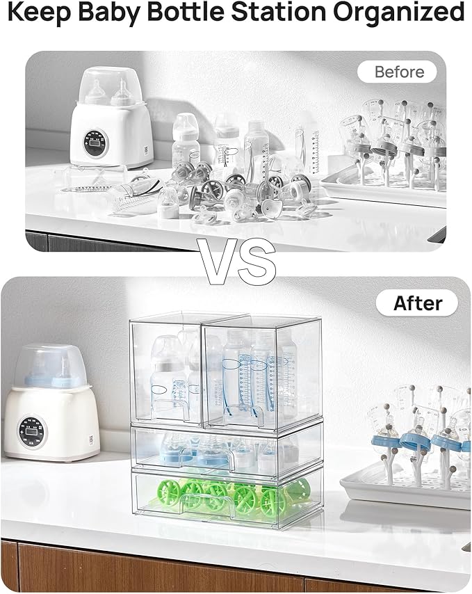 Vtopmart 8 Pack Stackable Storage Drawers Set, Clear Plastic Organizer Bins for Baby Bottle, Beauty Supplies Storage, Ideal for Kichen Countertop, Vanity, Bathroom, Cabinet, Pantry Organization