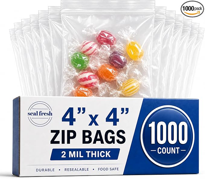 Seal Fresh Zip Bags – 4x4 Inches (1000 Count), 2 Mil – Clear Plastic Reclosable LDPE Poly Baggies with Resealable Lock Seal Zipper – For Snacks, Sandwiches, Cookies, Candies, Treats, Pastries, Party