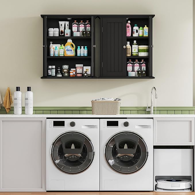 ChooChoo Bathroom Wall Cabinet Set of 2, Over The Toilet Space Saver Storage Cabinet, Medicine Cabinet with 2 Door and Adjustable Shelves, Cupboard, Black