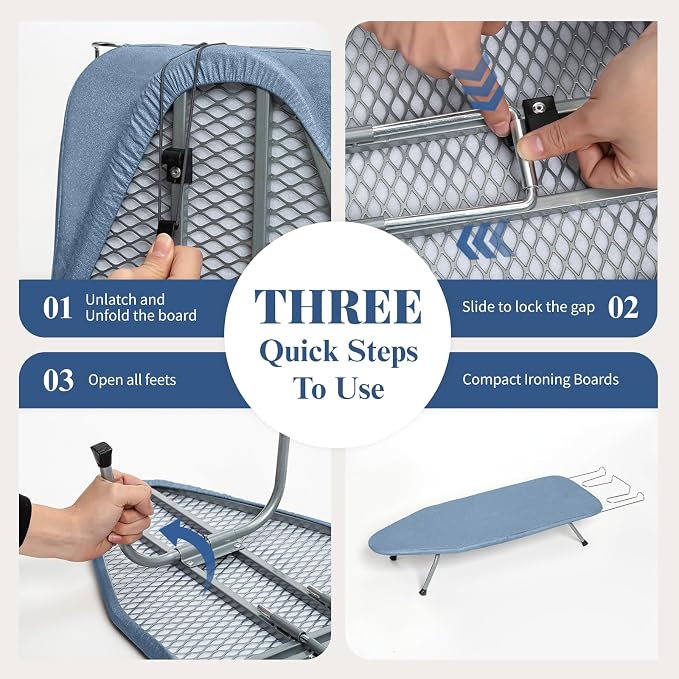 Small Ironing Board Tabletop 31"x12" Blue | BlissBoard Mini Folding Portable Iron Board with Cover, Pad & Non-Slip Feet, Compact Table for Travel