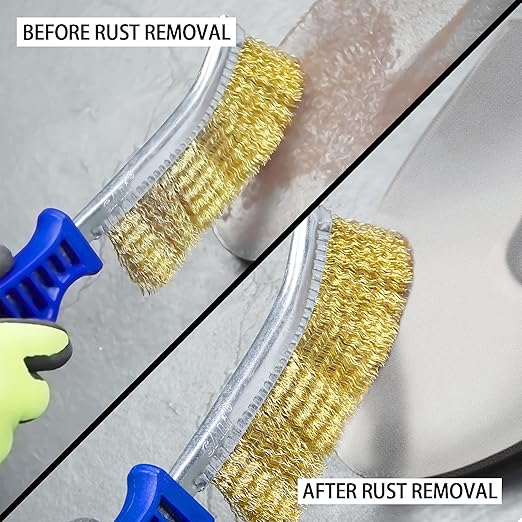 SALI Heavy Duty Wire Brushes for Cleaning Rust Removal Brass Brush Tool 11" Long Handle with Plastic Handle,for Automotive,Grill,Paint , Welding Slag&Household，More and Thicker Bristles Pack of 12