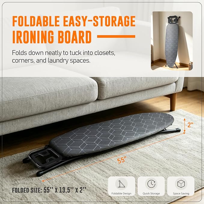 Ironing Board with Iron Rest – 45 x 13 Inch Full Size Foldable Board – Adjustable Height Steel Mesh Surface – Gray Padded Cotton Cover