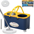 Compact Spin Mop and Bucket with Clean & Dirty Water System, Floor Mop with 360° Swivel Wheels, 61" Handle, 1 Reusable Mop Heads for for Wood, Tile, Vinyl, Baseboards- Blue/Yellow