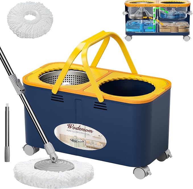 Compact Spin Mop and Bucket with Clean & Dirty Water System, Floor Mop with 360° Swivel Wheels, 61" Handle, 1 Reusable Mop Heads for for Wood, Tile, Vinyl, Baseboards- Blue/Yellow