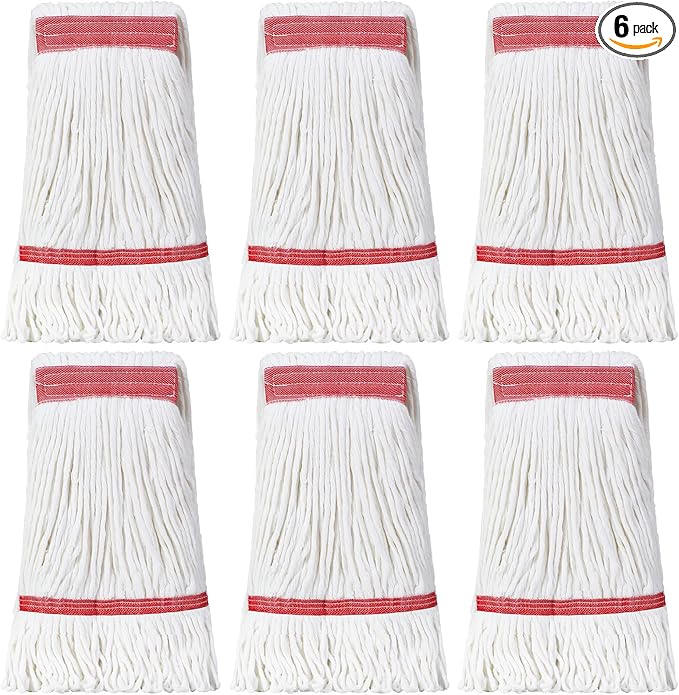 Eccliy 6 Pack Commercial Mop Heads Replacement Heavy Duty 18 oz Loop End Cotton String Wet Mop Refills Washable Absorbent Reusable for Industrial Home Tile Wood Concrete Floor (White,Red)