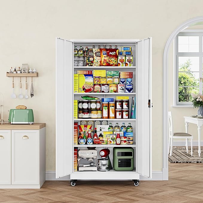 Metal Garage Storage Cabinets with Lock Door and Adjustable Shelves, Steel Tool Cabinets for Home,Office,Warehouse Organisieren (White, 75" H)