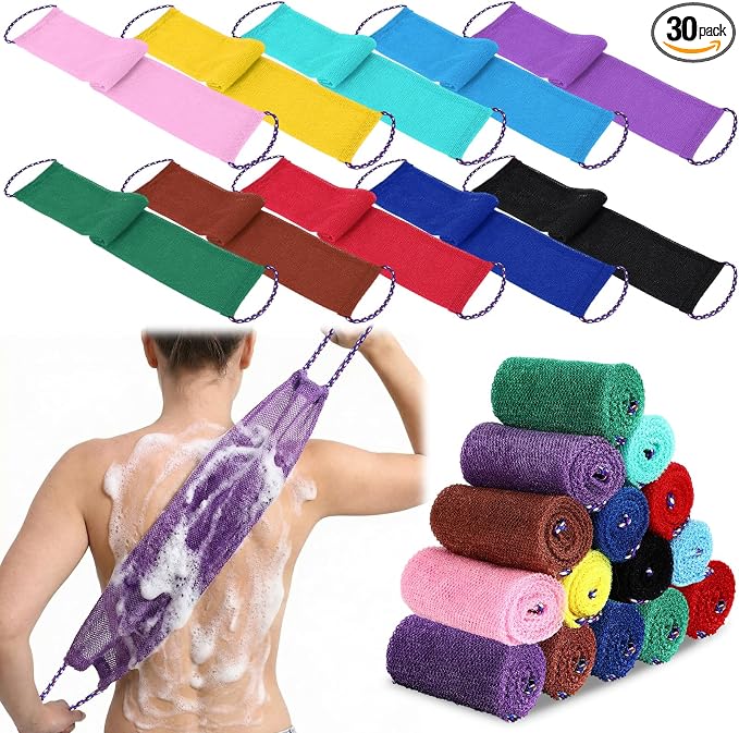 HunnmingRe 30 Pcs African Net Sponge with Handles African Exfoliating Bathing Net Bath Shower Loofah Sponge Body Scrubbers Exfoliating Washcloth for Daily Home, Beauty Salons, Hotels Use (Colorful)