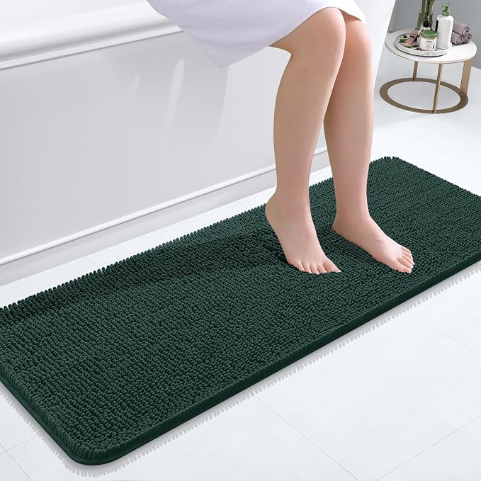 OLANLY Bathroom Runner Rugs 47x17, Soft Absorbent Chenille Bath Rugs, Rubber Backing Quick Dry, Machine Washable Long Bath Mats for Bathroom, Tub and Shower, Home Decor Accessories, Blackish Green