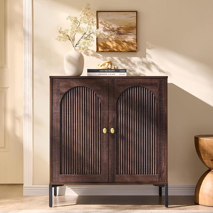 IFGET 34" Tall Modern Arched Sideboard Buffet Cabinet with Storage, Brown | Fluted Arch Sideboard Cabinet w/Adjustable Shelves, Wooden Modular Kitchen Cabinet for Dining& Living Room, Entryway