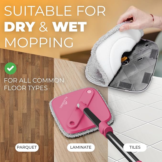 Spin Mop and Bucket Set with Wringer – Dual-Chamber Self Wringing Mop, Flat Microfiber Mop for Hardwood, Tile & Vinyl Floors, 2 Washable Replacement Heads, 63" Handle, Pink