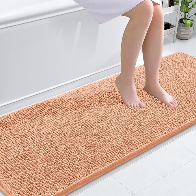 OLANLY Bathroom Runner Rugs 70x24, Extra Soft Absorbent Chenille Bath Rugs, Rubber Backing Quick Dry, Machine Washable Long Bath Mats for Bathroom Floor, Tub and Shower, Home Decor Accessories, Peach