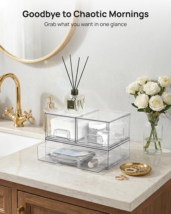Vtopmart Stackable Storage Drawers Set of 3,Clear Plastic Organizer Bins for Makeup, Cosmetics, Beauty Supplies,Ideal for Vanity, Bathroom,Cabinet,Pantry Organization