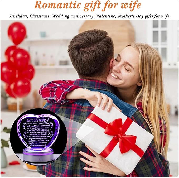 Gifts for Wife - Crystal Keepsakes Wife Gifts from Husband with Colorful LED Base Best Christmas Birthday Gifts for Wife Romantic Anniversary Wedding Gifts to My Wife Valentine Mother's Day Gift Ideas