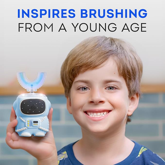 Bendi U-Shaped Toothbrush Kids, Electric Astronaut Design, Ages 2-7, Blue | Sensory-friendly, 360 whole mouth clean, toddler & kids electric, self-brushing 5 modes, auto memory, mouthguard, extra heads