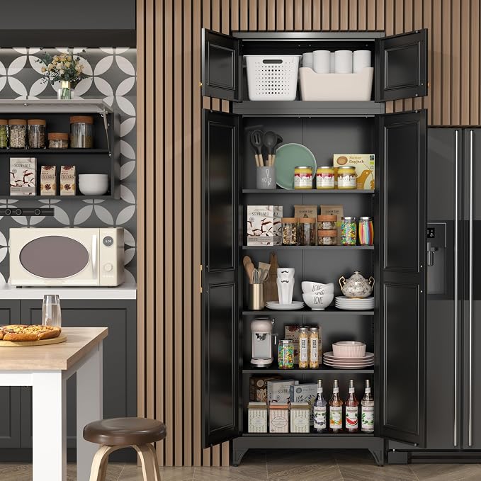 SteeLoong 90”Metal Pantry Storage Cabinet with Doors & 4 Adjustable Shelves | Kitchen Pantry Cabinet,Black Kitchen Cabinet with 4 Gold Handles,Tall Cabinet for Livingroom,Pantry, Bathroom,Kitchen,Garage
