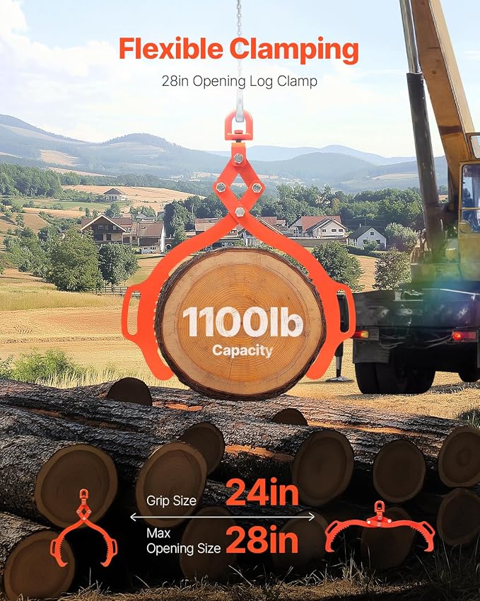 VEVOR Log Lifting Tongs 28in, 2 Serrated Claw Hook Log Tongs, Heavy Duty Steel Swivel Dragging Tongs, 1100LBS Log Grapple with Handles, Lumber Log Skidding Tongs for Tractors, Trucks, Forklifts, ATVs