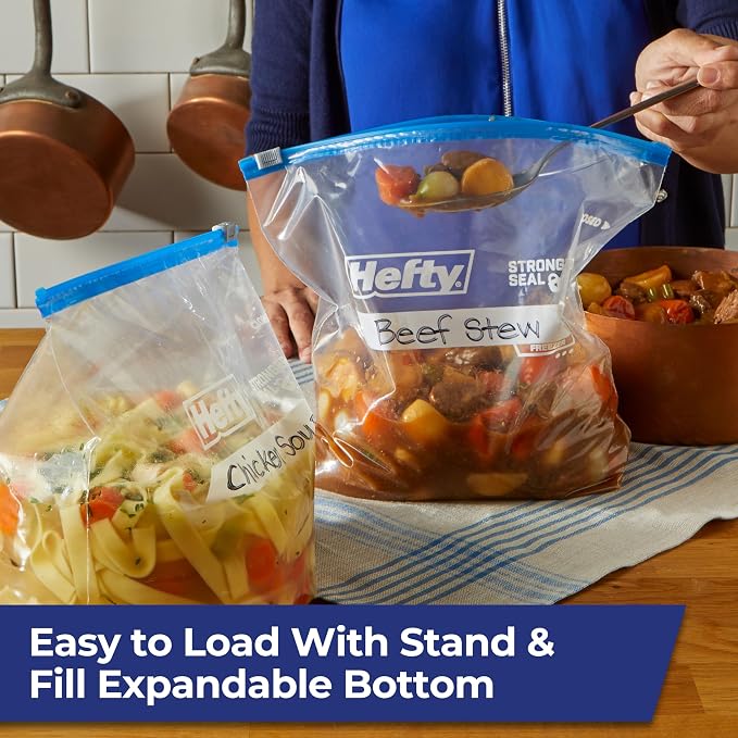 Hefty Slider 1 Gallon Freezer Bags, 56 Count, Gallon Slider Bags for Freezer, Holds Raw Meat, Soups, Prepped Fruits and Veggies, and More, Writable Label, Secure Zip and Click Closure