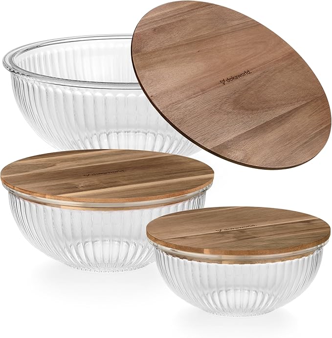 Set of 3 Stackable Space-Saving Nesting Glass Salad Bowls with Acacia Lids for Foodprep, Storage, Baking, Mixing & Cooking - Microwave Safe Durable Inert Borosilicate Glass
